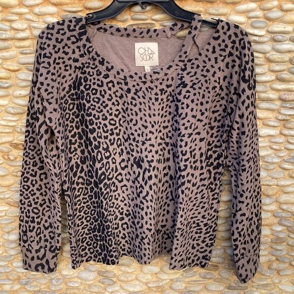 Chaser Brown Animal Leopard Print Sweatshirt w/Shoulder Cut-Out Small. Soft! NWT - Picture 1 of 3